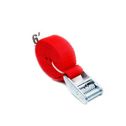 Red TieGrrr Strap with metal buckle for secure cargo transportation.