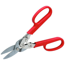 Professional heavy-duty aviation snips with red handles for metal cutting.