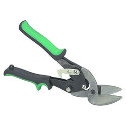 Long blade right cut aviation snips with green and black ergonomic handle.