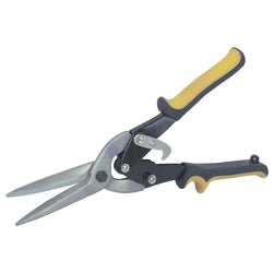 Professional long blade straight cut aviation snips with ergonomic handles.