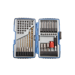 58 Pc. Drill and Driver Bit Set in a durable blue case with organized compartments.