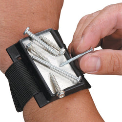 Magnetic wristband holding screws, ideal for tools and installations.