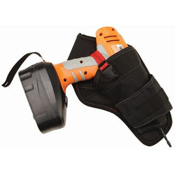 Durable black drill holster securely holding an orange cordless drill.