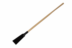 Long-handled scraper tool with a black steel blade and wooden handle.