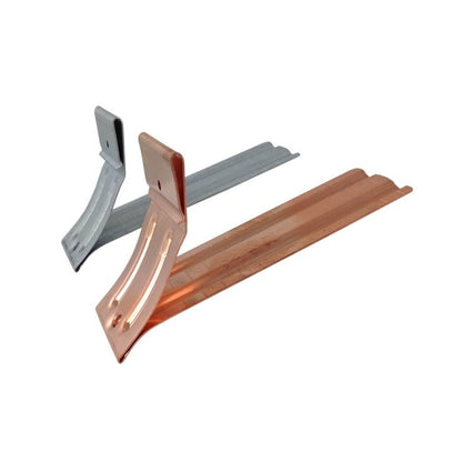 Durable copper and white gutter spacer brackets for half-round gutters.