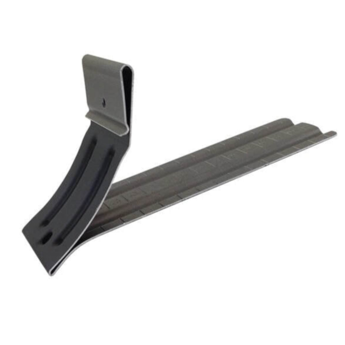 Professional-grade black gutter spacer bracket for half-round gutters.
