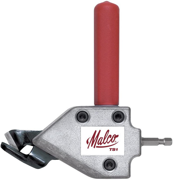 Malco TS1 Turbo Shear attachment with red handle for precise metal cutting.