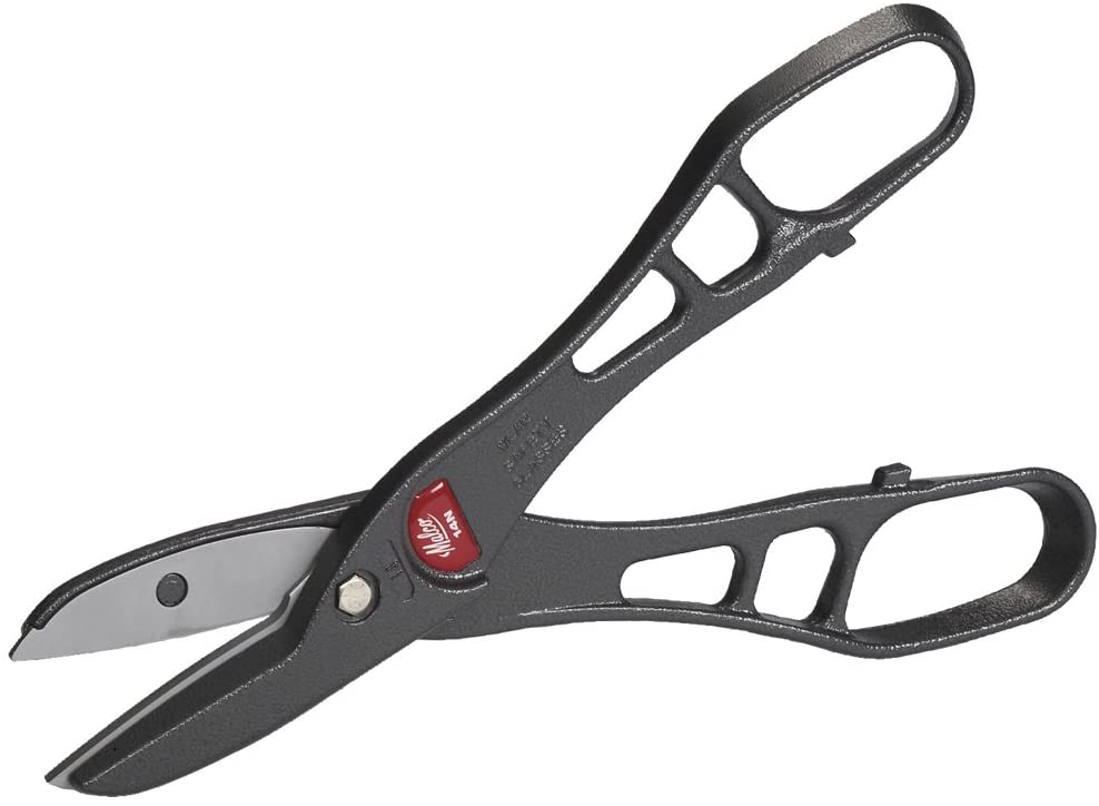Malco aluminum snip with open-loop handles and curved cutting blades.