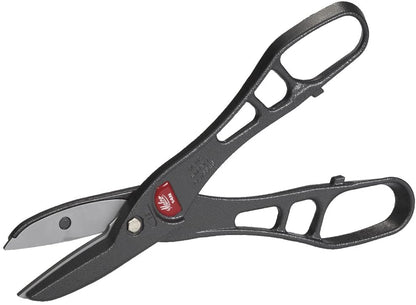 Malco aluminum snip with open-loop handles and curved cutting blades.