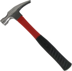 Professional heavy-duty hammer with fiberglass handle and shock-absorbing grip.