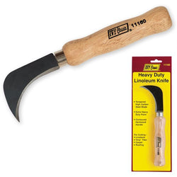 Heavy duty linoleum knife with hardwood handle and curved steel blade.