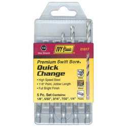 Ivy Quick Change Drill Set 5pc with high-speed steel and hex shank.