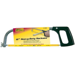 12-inch heavy-duty hacksaw with ergonomic grip and durable metal frame.