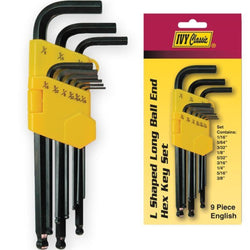 Ivy 9-piece L-shaped ball hex key set with yellow holder and packaging.