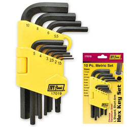 10-piece L-shaped hex key set in chrome vanadium steel with yellow storage case, metric sizes.