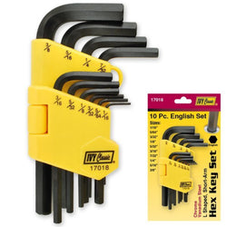 10-piece L-shaped hex key set in chrome vanadium steel with yellow storage case, English sizes.