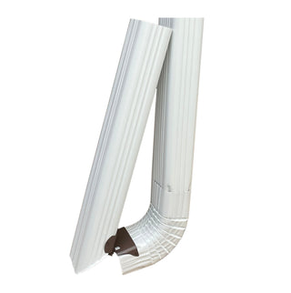 Installed white downspout hinge connecting gutter components, professional grade.