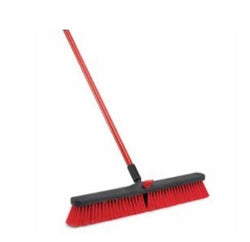 Libman Push Broom with red bristles and sturdy handle for multi-surface cleaning.