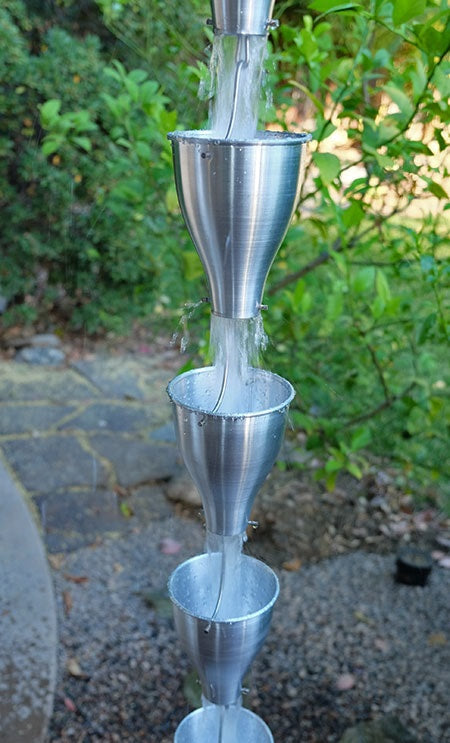 Aluminum Cup Rain Chain. Rust-resistant modern funnel design. 8ft section with 13 cups. 4-3/8" x 5-1/2" cups. Silver Black Bronze White. V-hook included. Contractor DIY. Damascus OR.