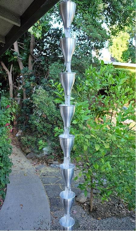 Aluminum Cup Rain Chain. Rust-resistant modern funnel design. 8ft section with 13 cups. 4-3/8" x 5-1/2" cups. Silver Black Bronze White. V-hook included. Contractor DIY. Damascus OR.