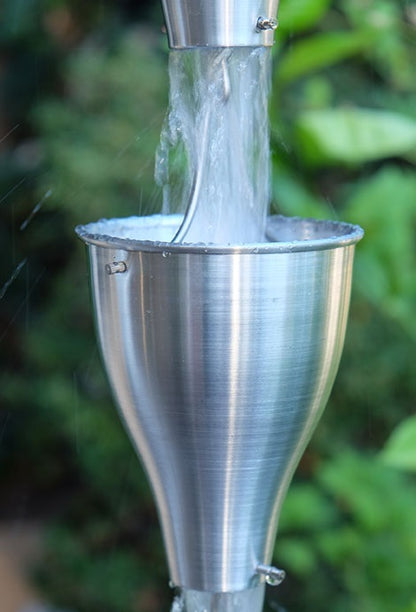 Aluminum Cup Rain Chain. Rust-resistant modern funnel design. 8ft section with 13 cups. 4-3/8" x 5-1/2" cups. Silver Black Bronze White. V-hook included. Contractor DIY. Damascus OR.