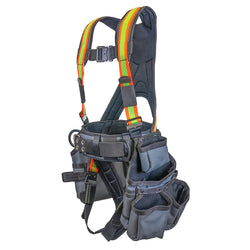 Heavy-duty tool belt with full harness, ergonomic design, and ample storage pockets.