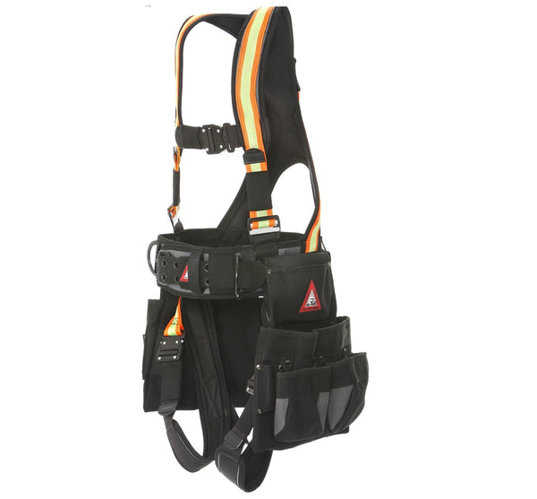 Versatile tool belt with full harness, reinforced stitching, and secure tool compartments.