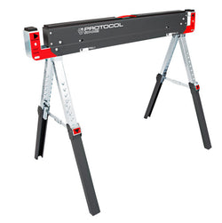 Adjustable saw horse work table with sturdy folding steel design.