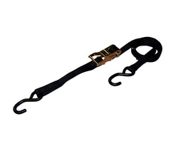 Black tie-down ratchet strap with durable hooks for transportation.