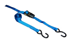 Blue tie-down ratchet strap with hooks for secure cargo fastening.