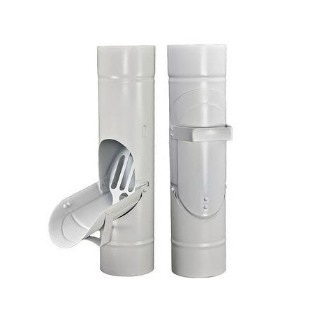 Round enclosed cleanout for downspouts, durable aluminum design, white finish.