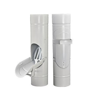 Round enclosed cleanout for downspouts, durable aluminum design, white finish.